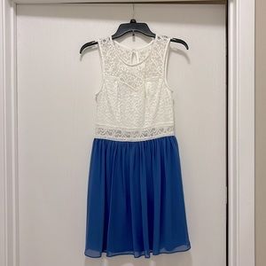 BCX dress, junior size 7, white lace top with periwinkle blue bottom